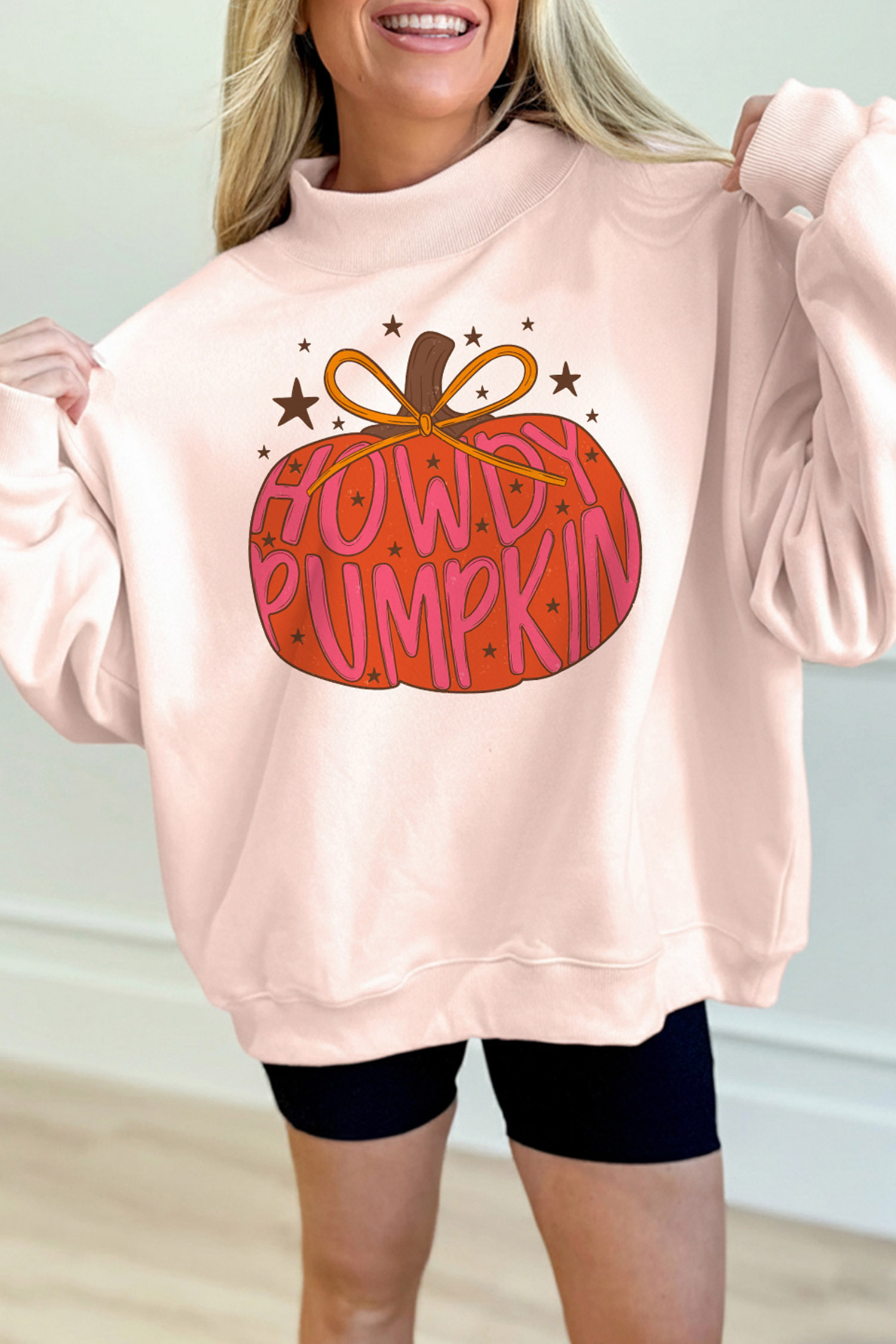 Fall Graphic Mock Neck Sweatshirt, Light Pink Casual Pullover - Detail View 8 Fall Graphic Mock Neck Sweatshirt, Light Pink Casual Pullover - Detail View 8