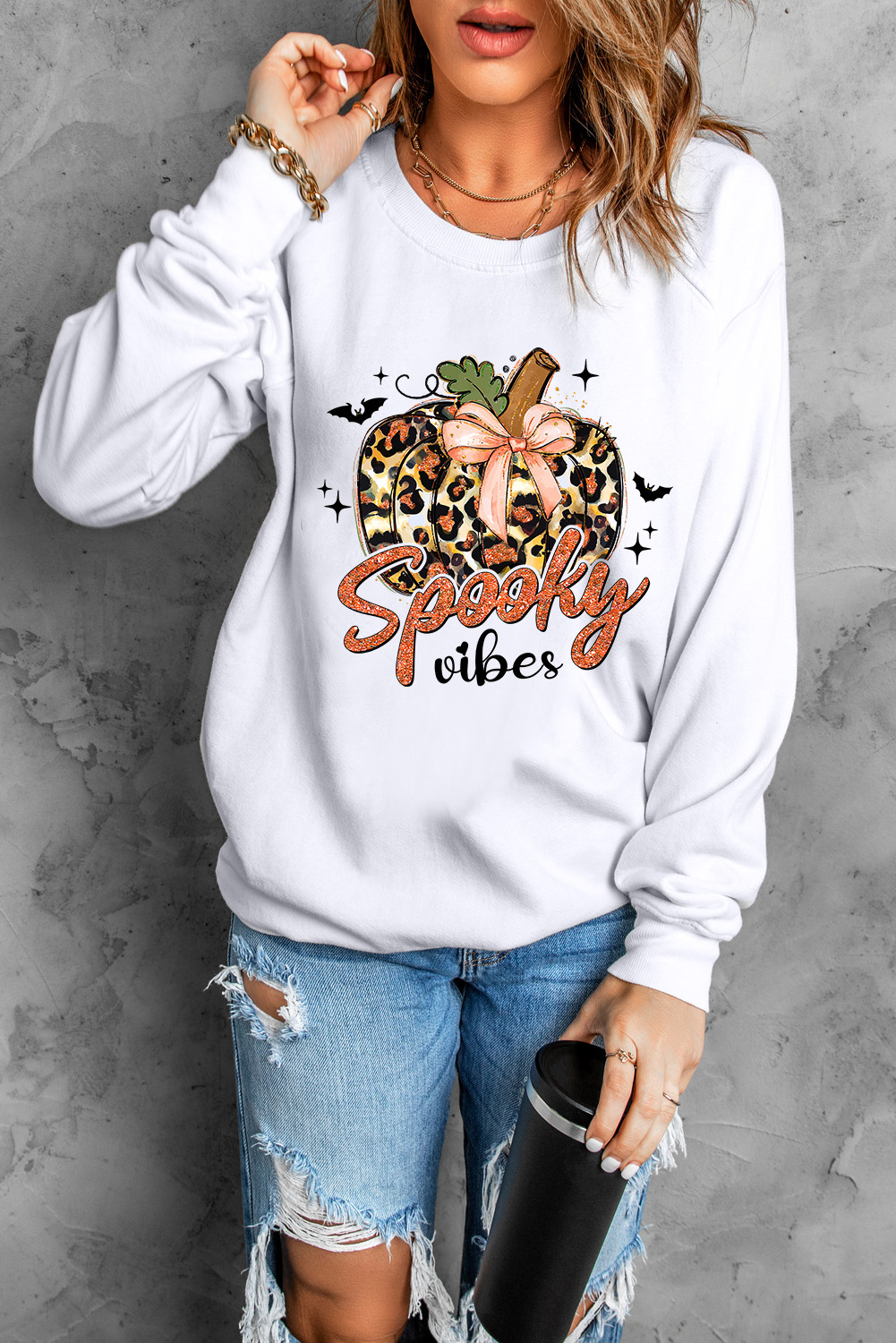 Comfortable Casual Long Sleeve Sweatshirt - Round Neck, Beige - Detail View 3 Comfortable Casual Long Sleeve Sweatshirt - Round Neck, Beige - Detail View 3