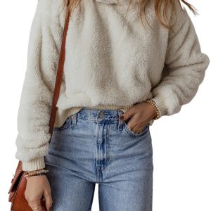 Women's White Plush Hoodie with Contrast Ribbed Edge - Cozy and Stylish - Main View