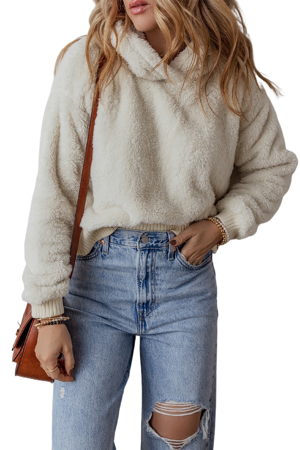 Women's White Plush Hoodie with Contrast Ribbed Edge - Cozy and Stylish - Main View Women's White Plush Hoodie with Contrast Ribbed Edge - Cozy and Stylish - Main View