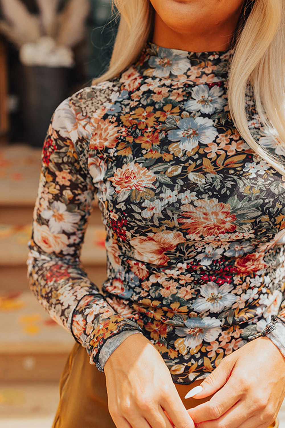 Women's Brown Floral High Neck Long Sleeve Sheath Blouse - Detail View 11 Women's Brown Floral High Neck Long Sleeve Sheath Blouse - Detail View 11