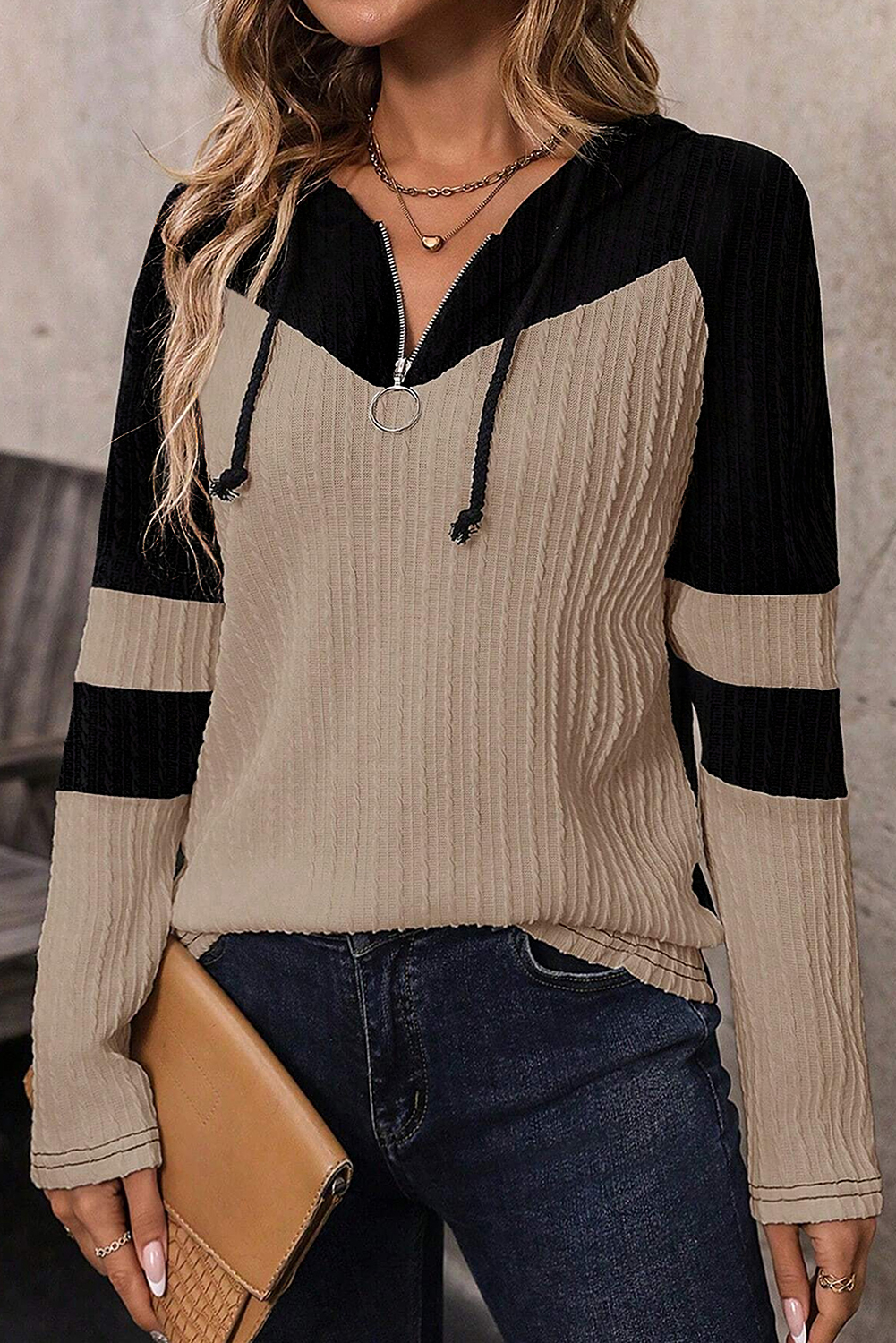 Stylish Quarter Zip Drawstring Hooded Top in Textured Fabric for Fall - Detail View 7 Stylish Quarter Zip Drawstring Hooded Top in Textured Fabric for Fall - Detail View 7