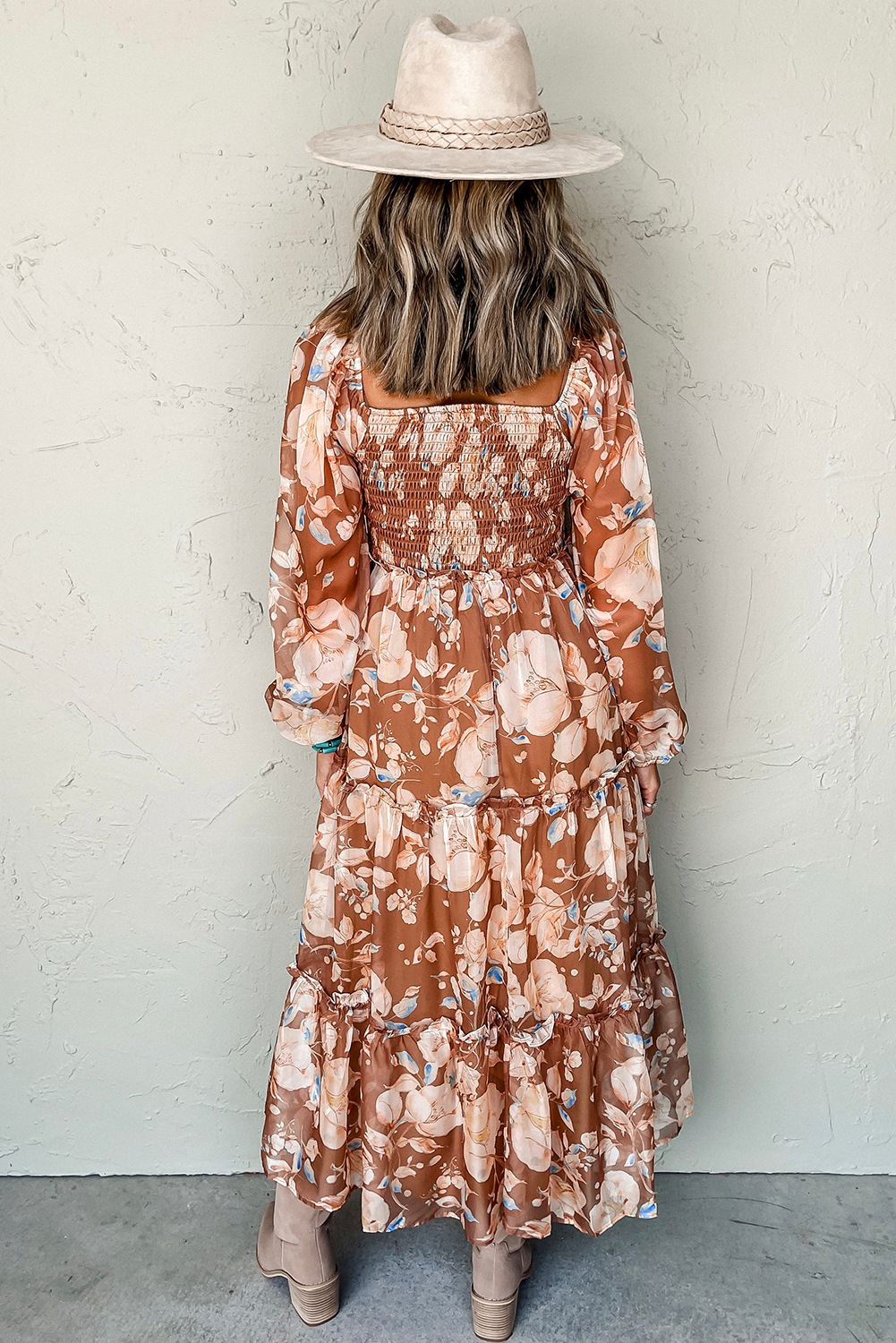 Elegant Long Sleeve Brown Floral Maxi Dress with Smocked Bodice - Detail View 2 Elegant Long Sleeve Brown Floral Maxi Dress with Smocked Bodice - Detail View 2