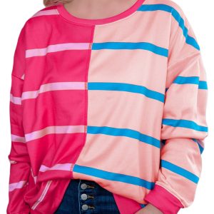Women's Plus Size Rose Stripe Color Block Crewneck Long Sleeve T-Shirt - Main View