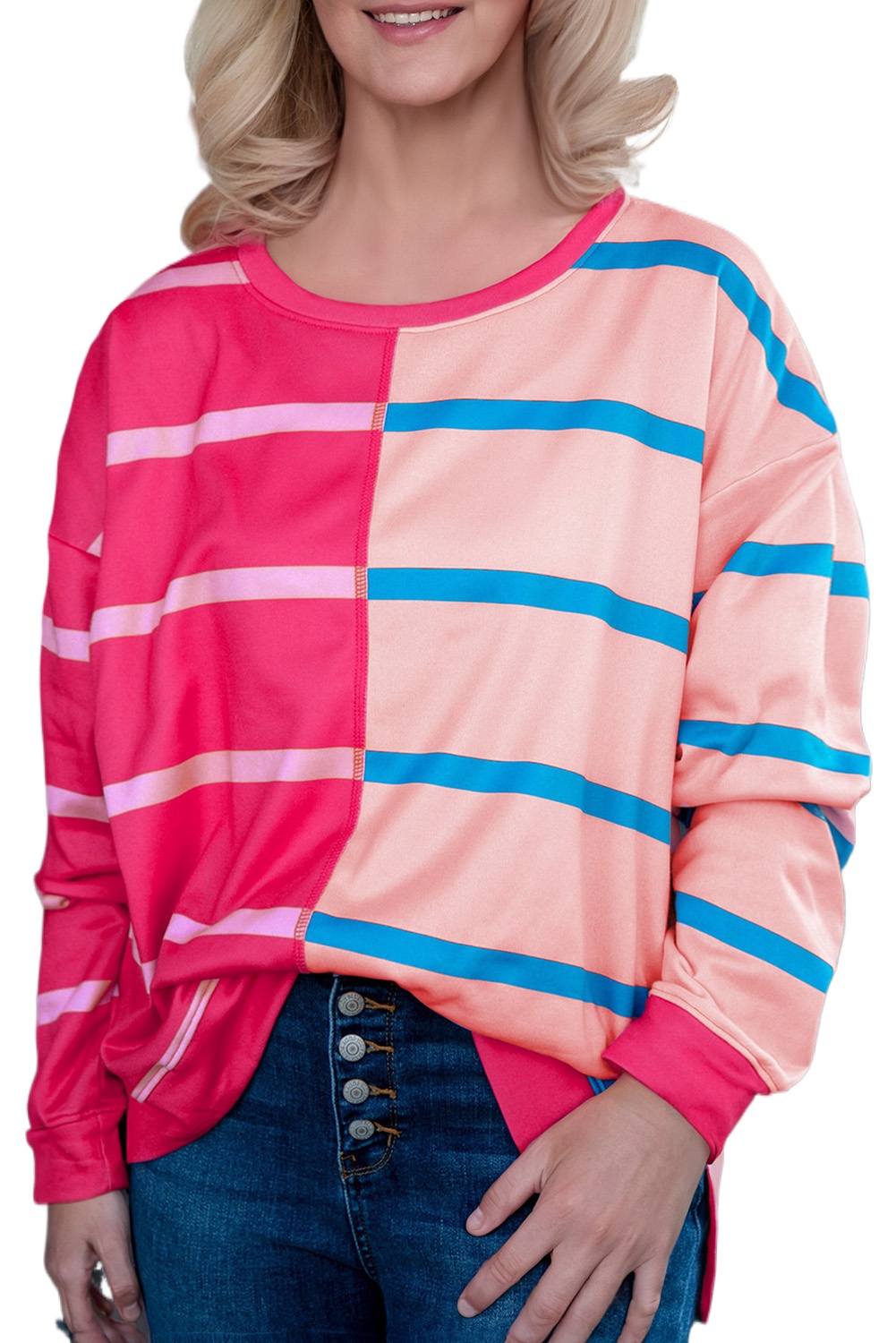 Women's Plus Size Rose Stripe Color Block Crewneck Long Sleeve T-Shirt - Main View Women's Plus Size Rose Stripe Color Block Crewneck Long Sleeve T-Shirt - Main View
