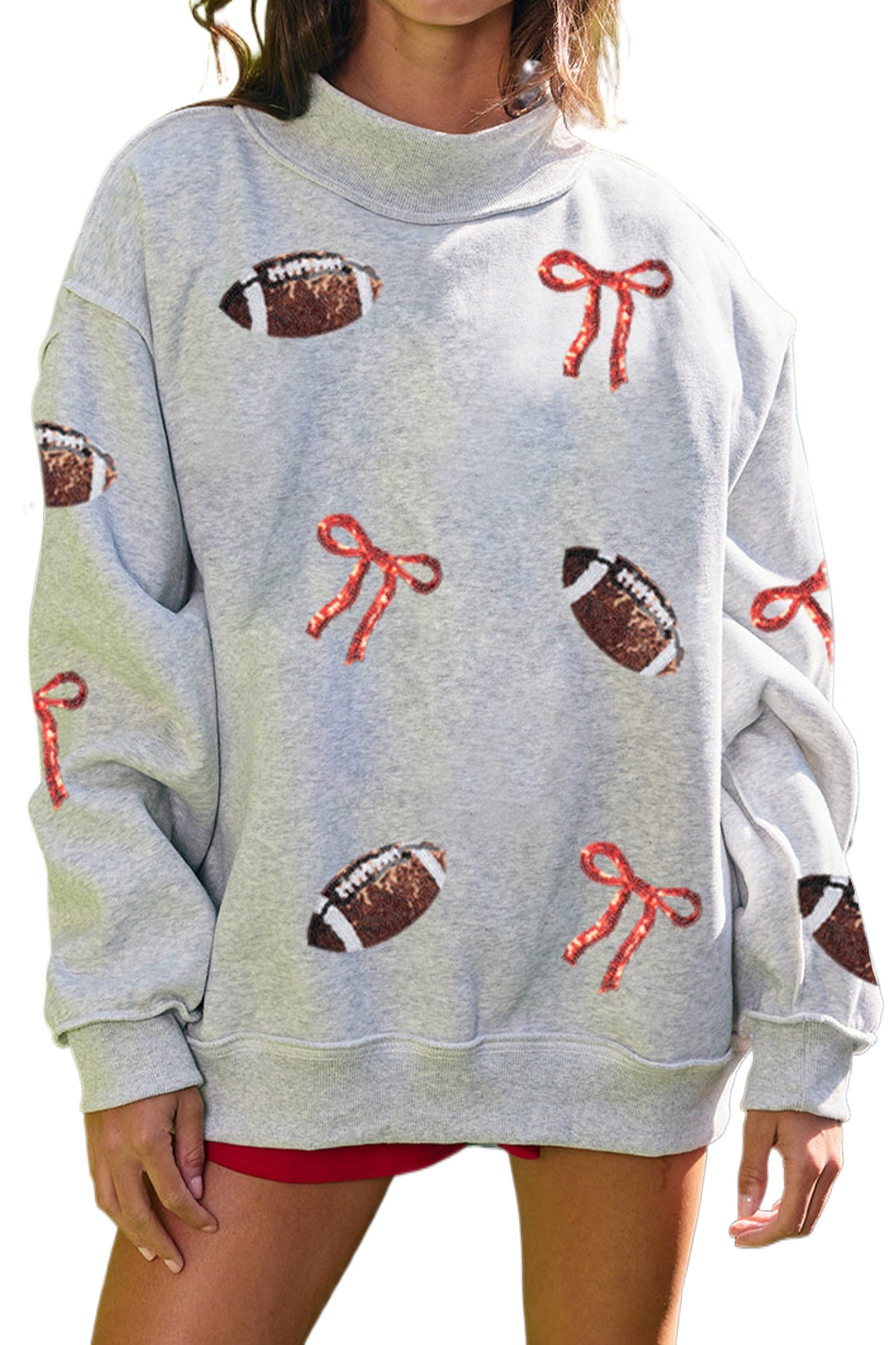 Women's Mock Neck Sweatshirt, Casual Sequin Bow Pullover - Main View Women's Mock Neck Sweatshirt, Casual Sequin Bow Pullover - Main View