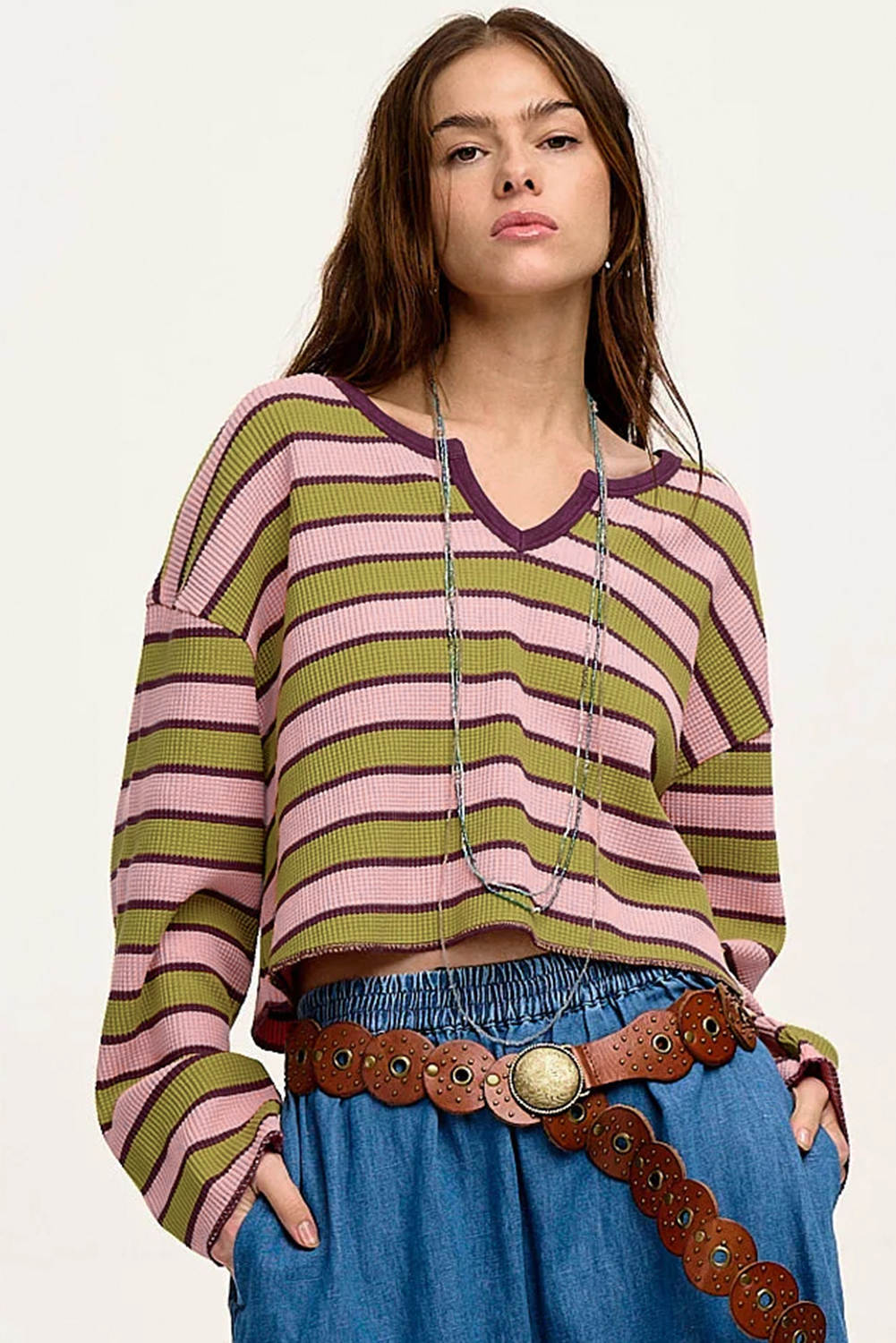 Women's Top, Spinach Green, Striped Pattern, Waffle Texture, Long Sleeve, Notched Neck, Casual Style, Comfort, Daily Wear, Spring Fashion, Trendy Design, Shift Silhouette, Elevated Style, Tops, Long Sleeve Tops - Detail View 4 Women's Top, Spinach Green, Striped Pattern, Waffle Texture, Long Sleeve, Notched Neck, Casual Style, Comfort, Daily Wear, Spring Fashion, Trendy Design, Shift Silhouette, Elevated Style, Tops, Long Sleeve Tops - Detail View 4