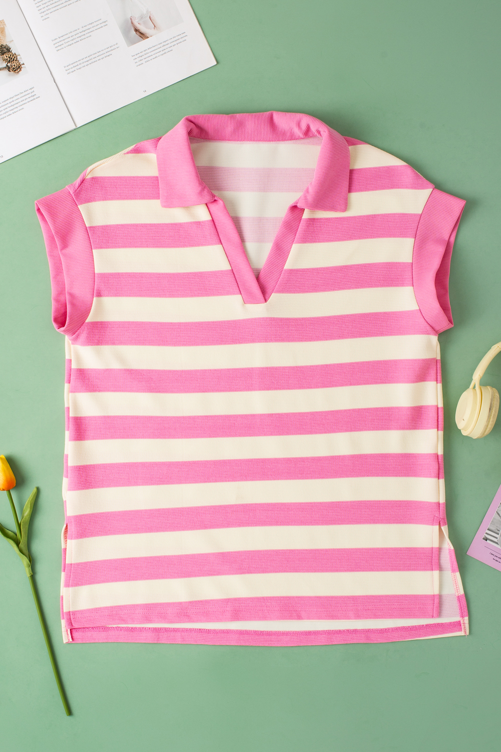 Pink Striped Polo Shirt, Women's Casual V Neck Blouse - Detail View 2 Pink Striped Polo Shirt, Women's Casual V Neck Blouse - Detail View 2
