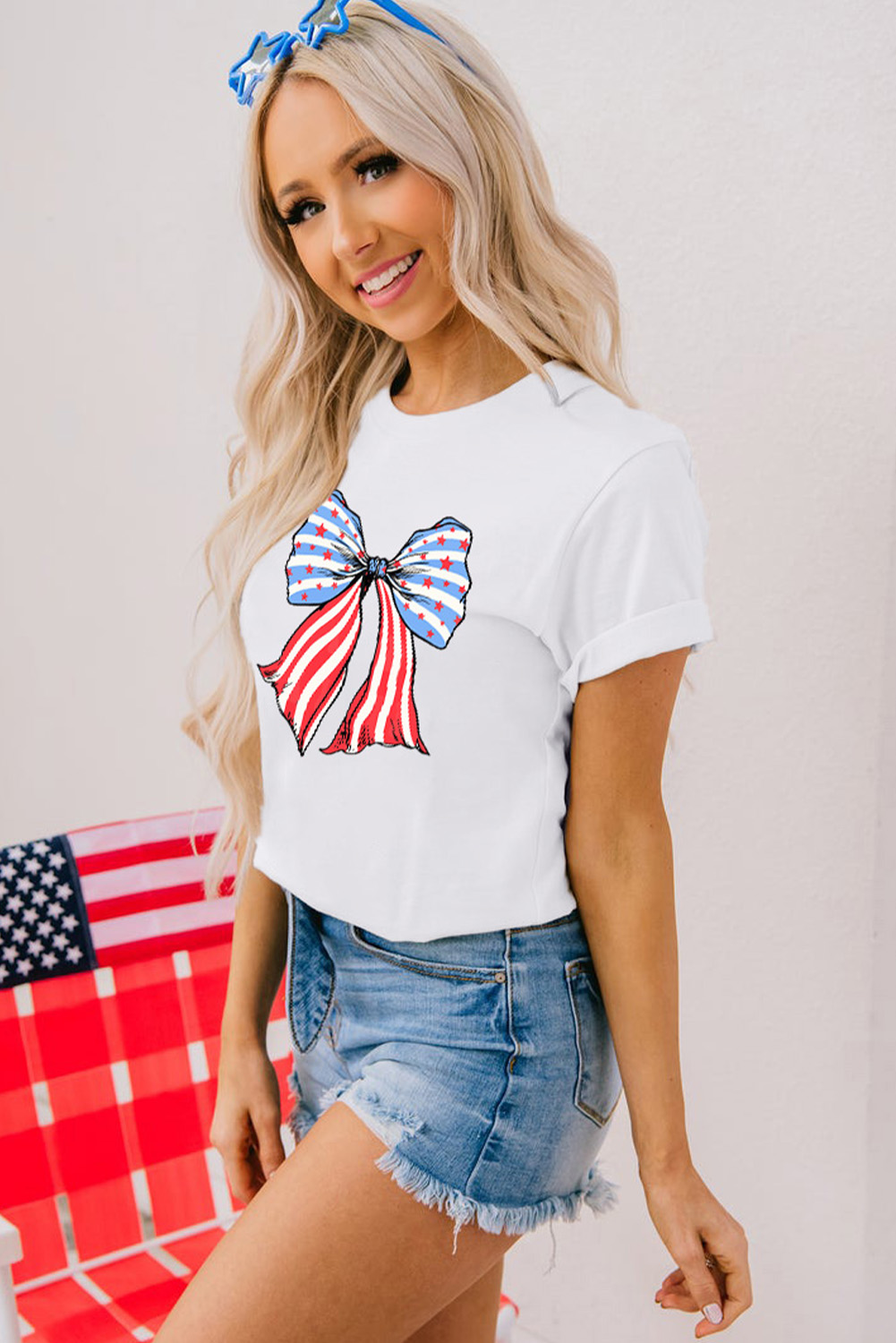 Casual Round Neck Short Sleeve Tee with Stripes and Stars Print - Detail View 7 Casual Round Neck Short Sleeve Tee with Stripes and Stars Print - Detail View 7