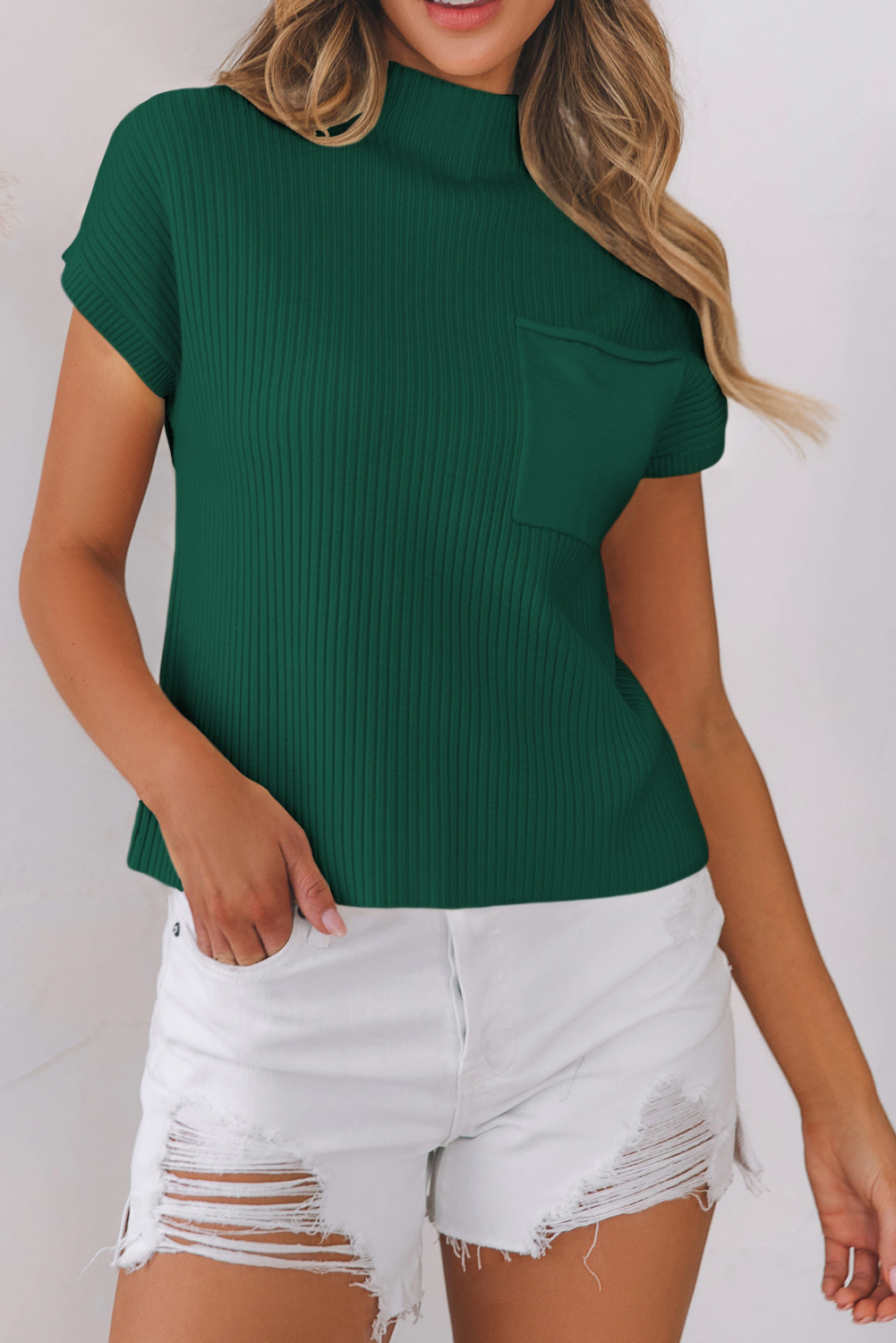 Short Sleeve Ribbed Sweater, Trendy High Neck Daily Pullover - Detail View 3 Short Sleeve Ribbed Sweater, Trendy High Neck Daily Pullover - Detail View 3