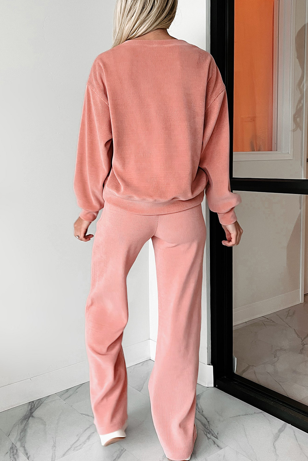 Cozy and Comfortable 2-Piece Lounge Set - Pink Drop Shoulder Design - Detail View 2 Cozy and Comfortable 2-Piece Lounge Set - Pink Drop Shoulder Design - Detail View 2