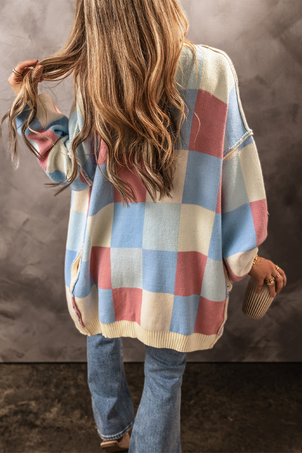 Timeless Checkered Knitwear - Light Blue Drop Shoulder Cardigan with Exposed Seams - Detail View 2 Timeless Checkered Knitwear - Light Blue Drop Shoulder Cardigan with Exposed Seams - Detail View 2