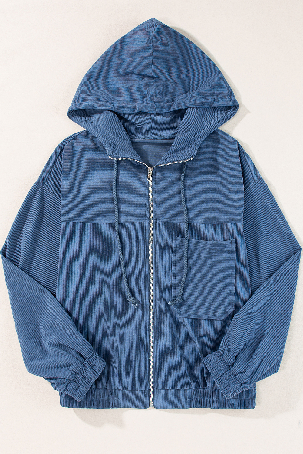 Stylish Long Sleeve Corduroy Jacket: Real Teal with Drawstring Hood - Detail View 7 Stylish Long Sleeve Corduroy Jacket: Real Teal with Drawstring Hood - Detail View 7