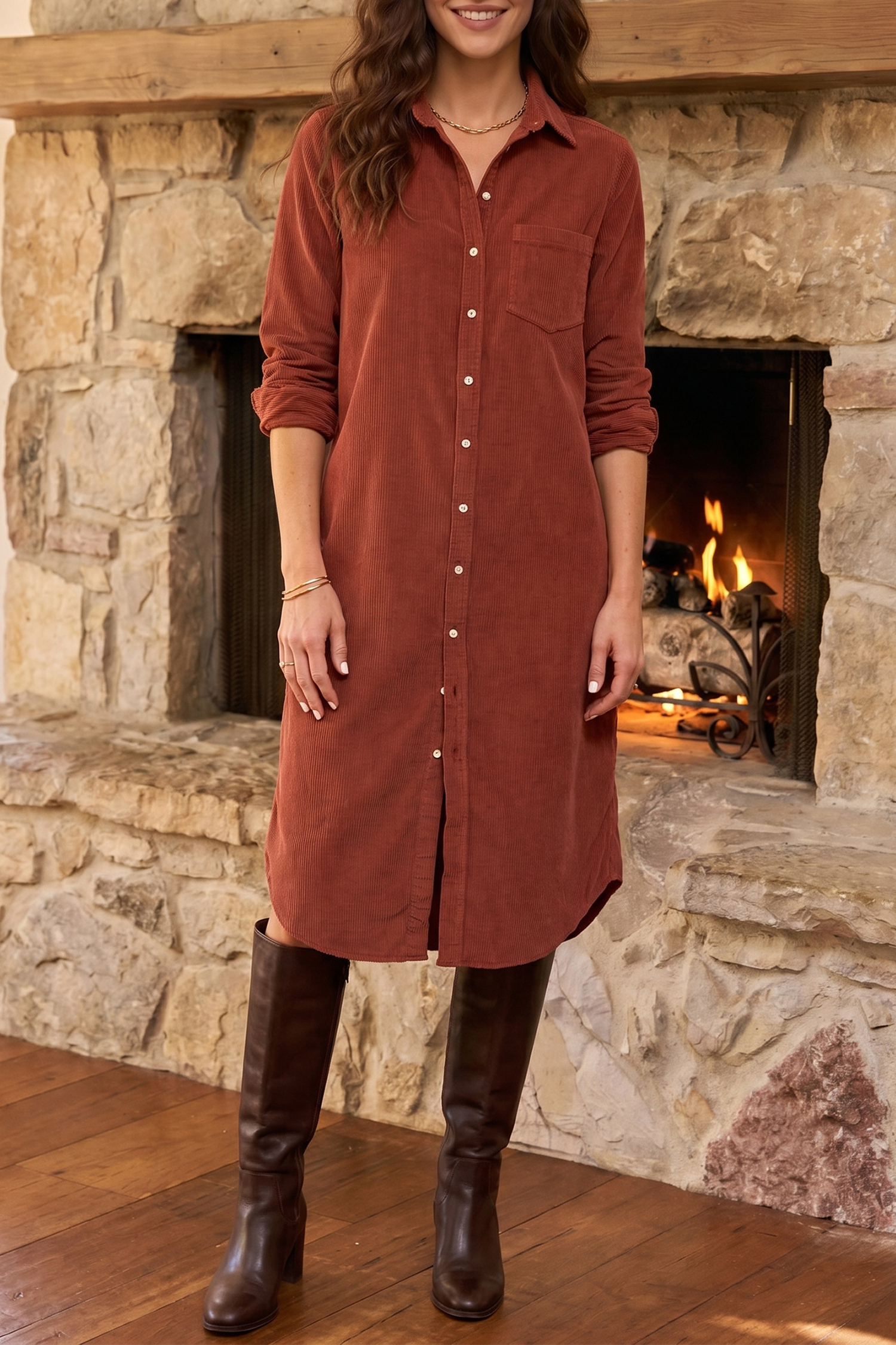 Women's Casual Corduroy Shirt Dress, Fall Midi Button Front - Detail View 3 Women's Casual Corduroy Shirt Dress, Fall Midi Button Front - Detail View 3