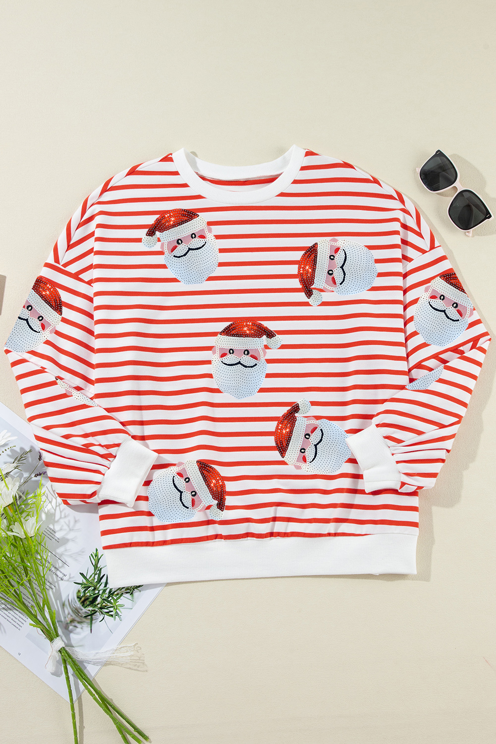Festive Crew Neck Sweatshirt with Striped Design and Shimmering Santa Claus Graphic - Detail View 6 Festive Crew Neck Sweatshirt with Striped Design and Shimmering Santa Claus Graphic - Detail View 6