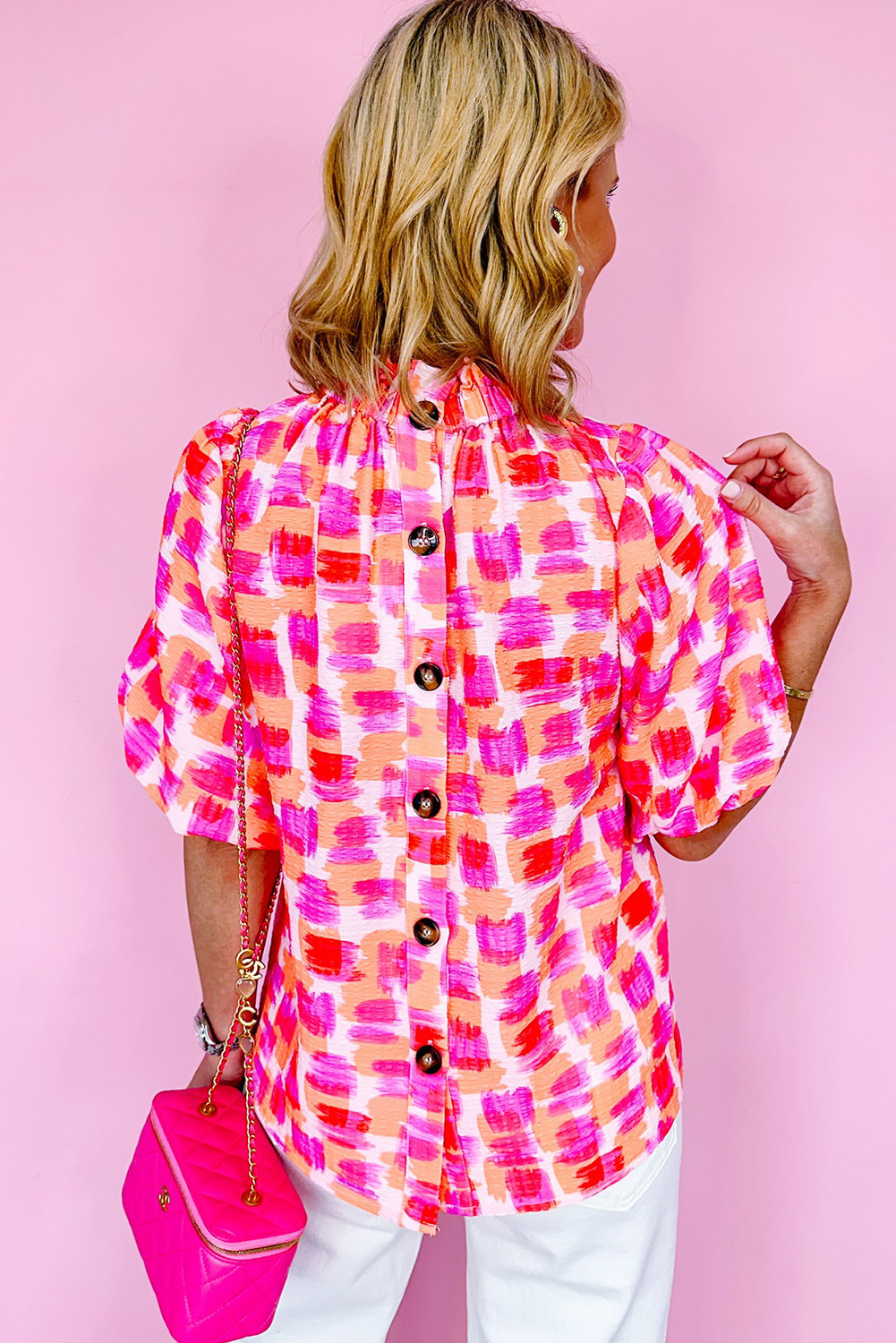 Casual Pink Puff Sleeve Top, Button Back Stand Neck Blouse - Detail View 3 Casual Pink Puff Sleeve Top, Button Back Stand Neck Blouse - Detail View 3
