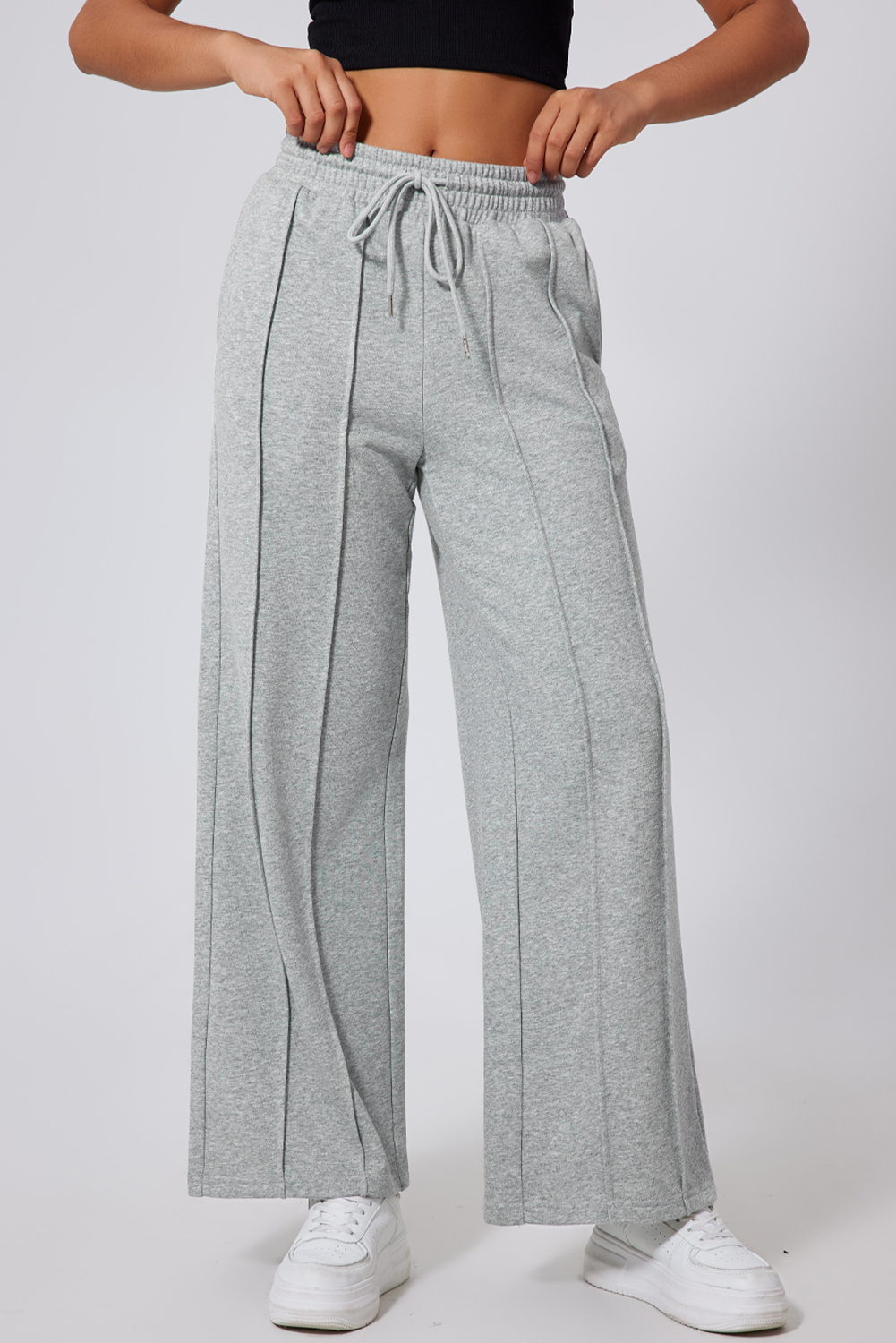 Stylish High Waist Wide Leg Sweatpants: Gray, Adjustable Drawstring - Detail View 2 Stylish High Waist Wide Leg Sweatpants: Gray, Adjustable Drawstring - Detail View 2