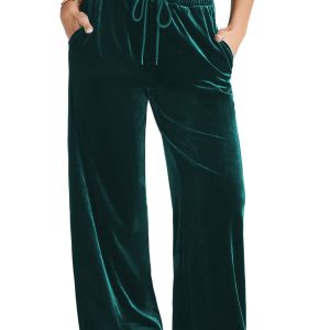 Women's Evergreen Solid Wide Leg Pants with Drawstring Waist - Main View