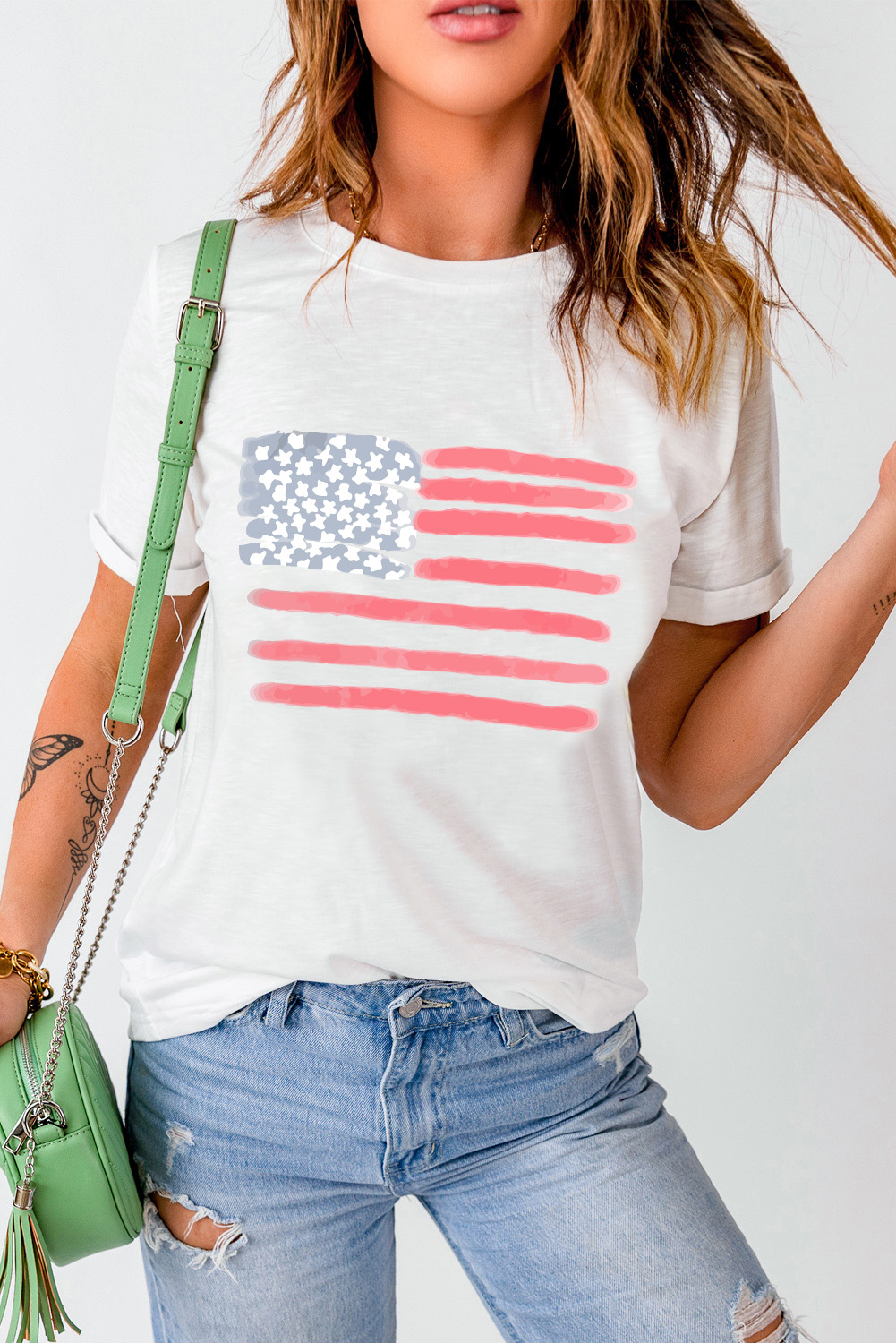 Women's USA Flag Pattern White Crew Neck Short Sleeve Tee - Detail View 6 Women's USA Flag Pattern White Crew Neck Short Sleeve Tee - Detail View 6