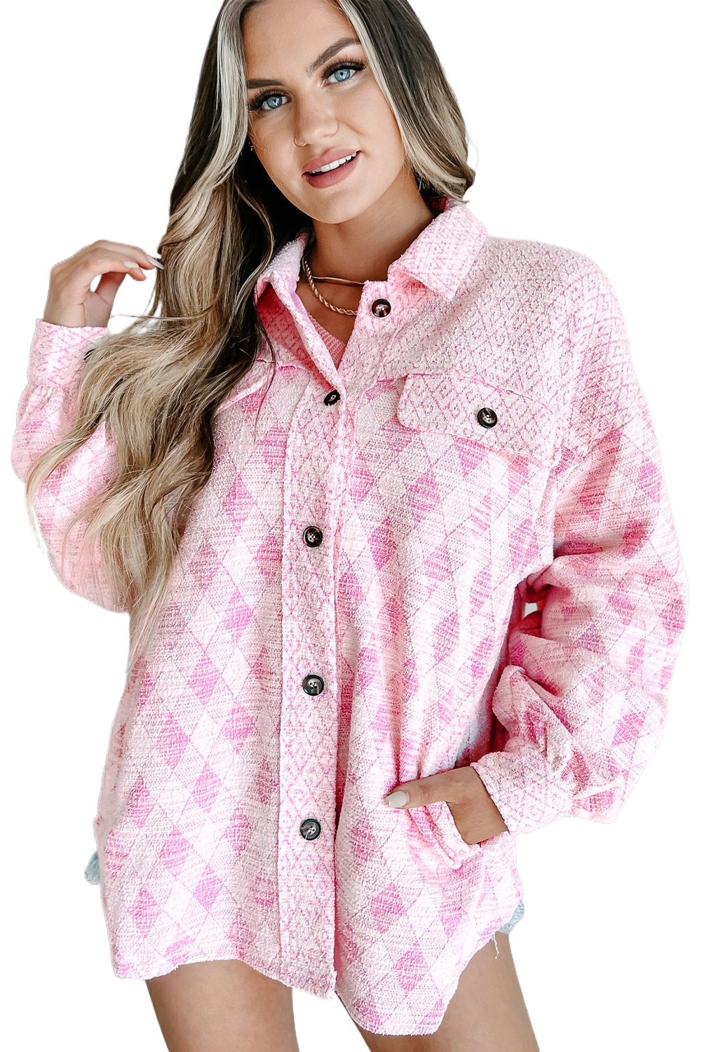 Women's Delicacy Geometric Print Textured Shacket with Chest Pocket - Main View Women's Delicacy Geometric Print Textured Shacket with Chest Pocket - Main View