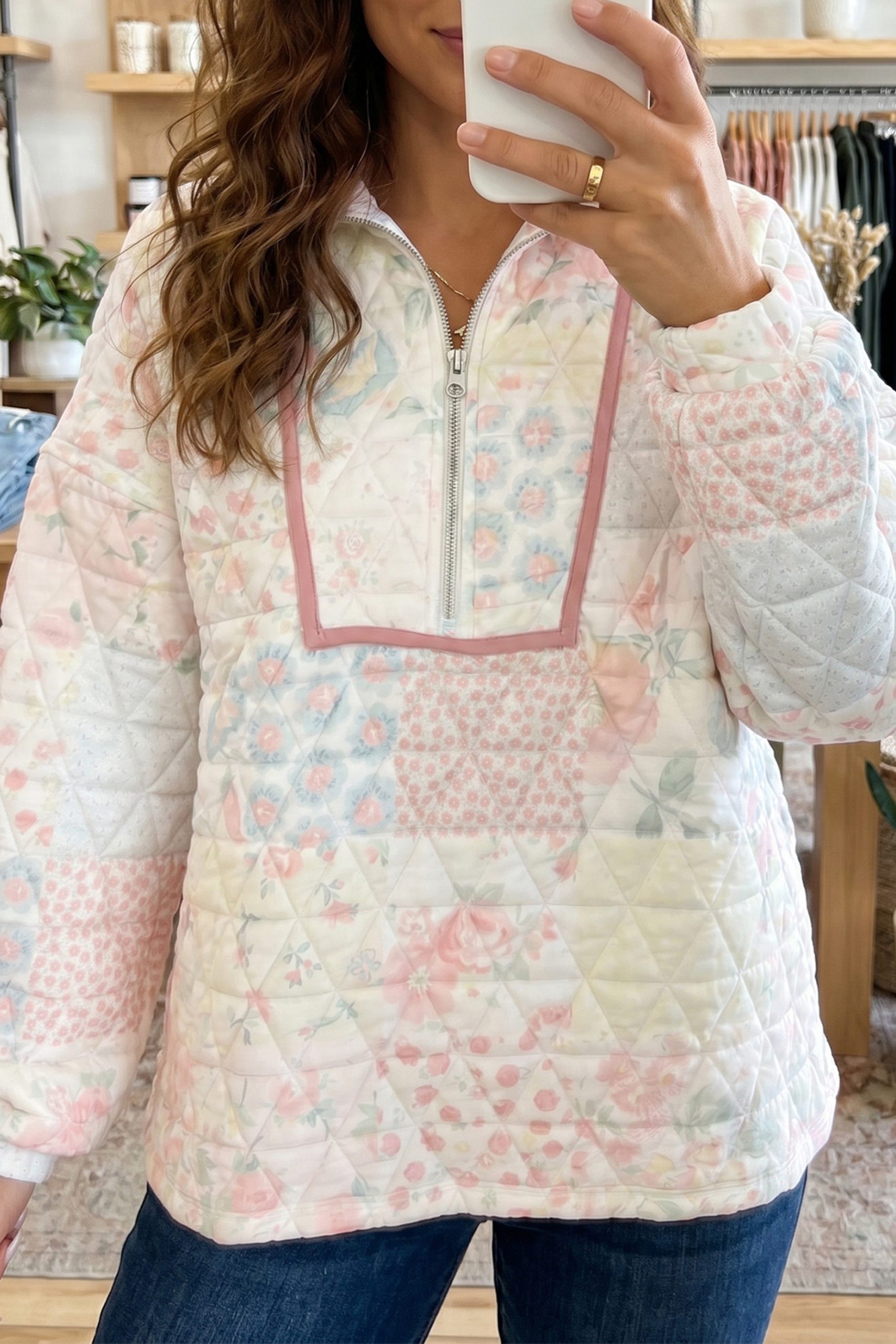 Women's Zip Neck Floral Sweatshirt, Soft Quilted Winter Style - Detail View 6 Women's Zip Neck Floral Sweatshirt, Soft Quilted Winter Style - Detail View 6