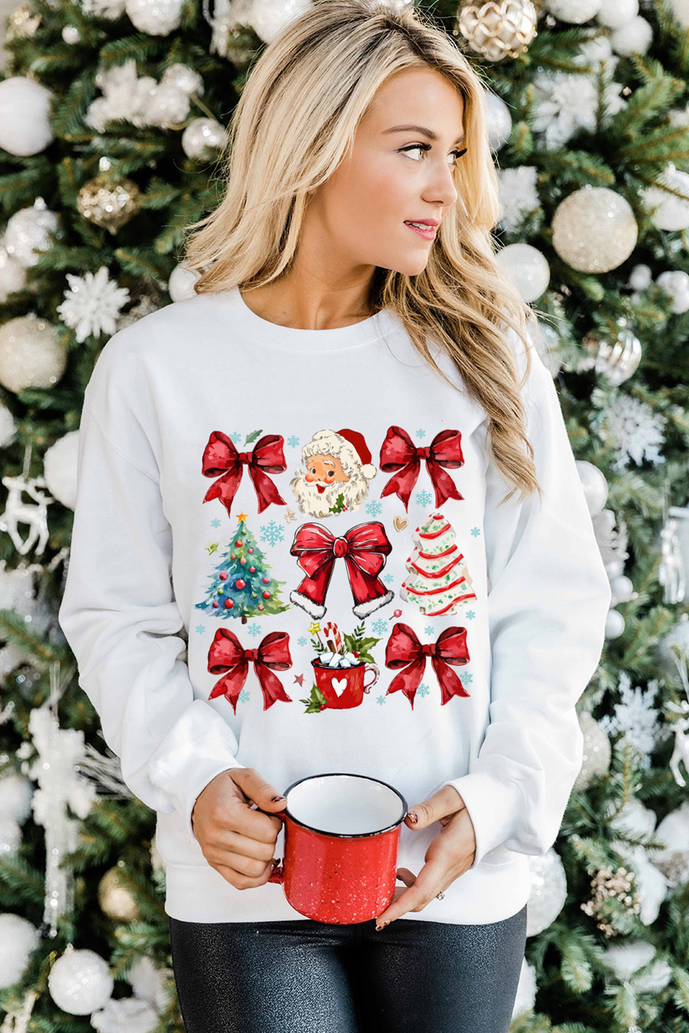Festive Beige Graphic Sweatshirt with Santa Clause and Christmas Tree Design - Detail View 6 Festive Beige Graphic Sweatshirt with Santa Clause and Christmas Tree Design - Detail View 6