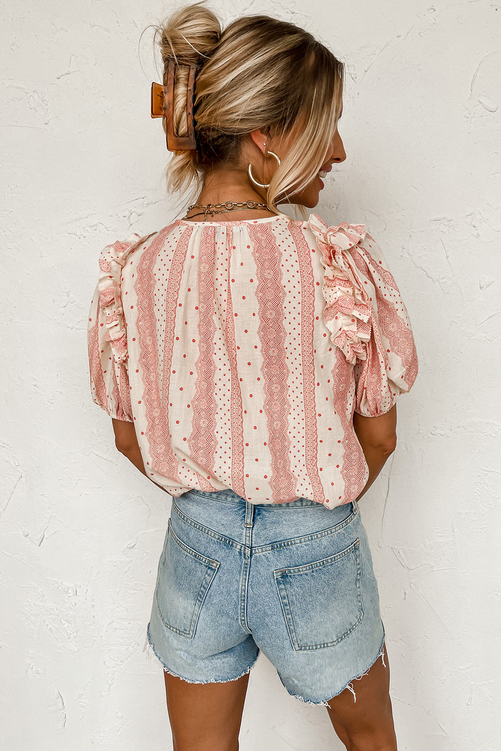 Women's Short Sleeve Mixed Print Blouse, Boho Casual Shirt - Detail View 9 Women's Short Sleeve Mixed Print Blouse, Boho Casual Shirt - Detail View 9