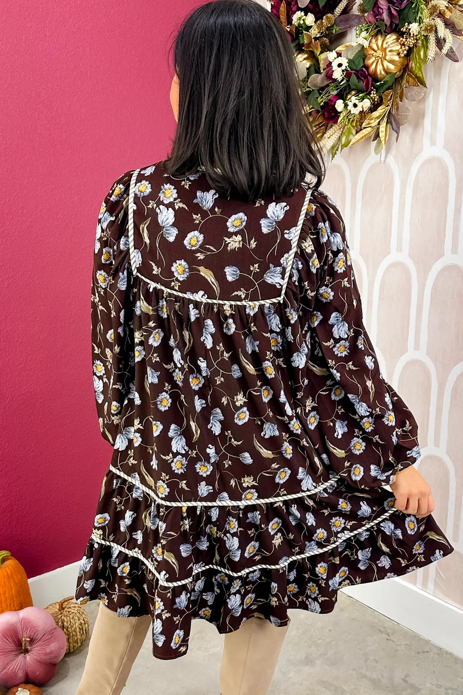 Women's Cotton Blend Shift Dress, Long Sleeve Floral - Detail View 6 Women's Cotton Blend Shift Dress, Long Sleeve Floral - Detail View 6