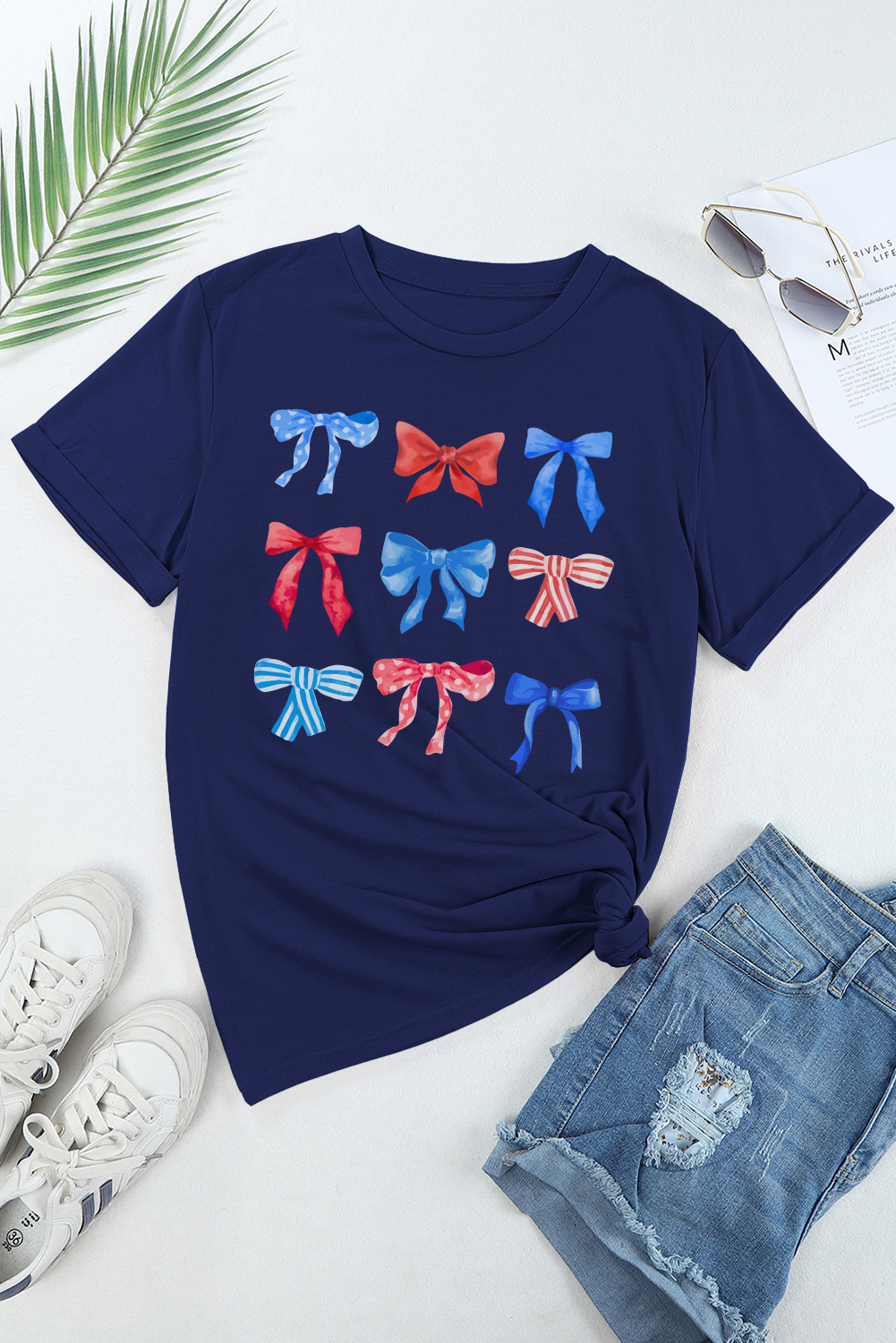Women's Casual Bowknot Print Tee, Summer Graphic Round Neck - Detail View 9 Women's Casual Bowknot Print Tee, Summer Graphic Round Neck - Detail View 9