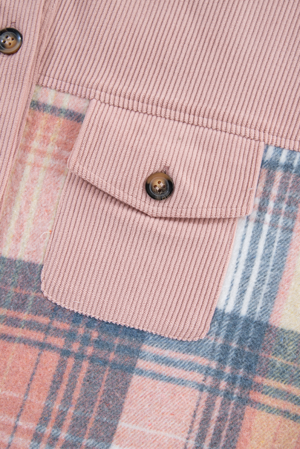 Women's Light Pink Plaid Shacket, Corduroy Patchwork Shirt - Detail View 16 Women's Light Pink Plaid Shacket, Corduroy Patchwork Shirt - Detail View 16