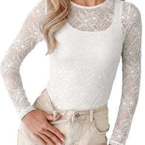 Women's Sheer Lace Top, Elegant Long Sleeve Mesh Blouse - Main View