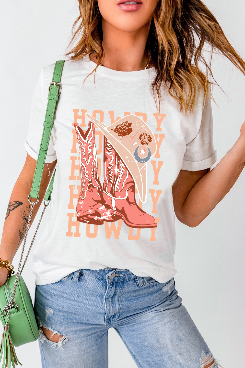 Women's White HOWDY Cowboy Boots Graphic Crew Neck T-Shirt - Detail View 6 Women's White HOWDY Cowboy Boots Graphic Crew Neck T-Shirt - Detail View 6