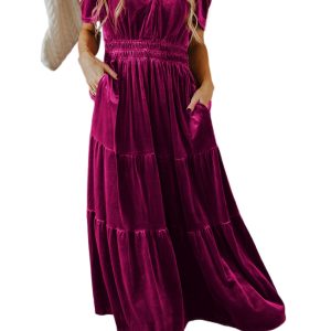 Women's Red Dahlia Velvet Tiered Maxi Dress with Short Sleeves - Main View