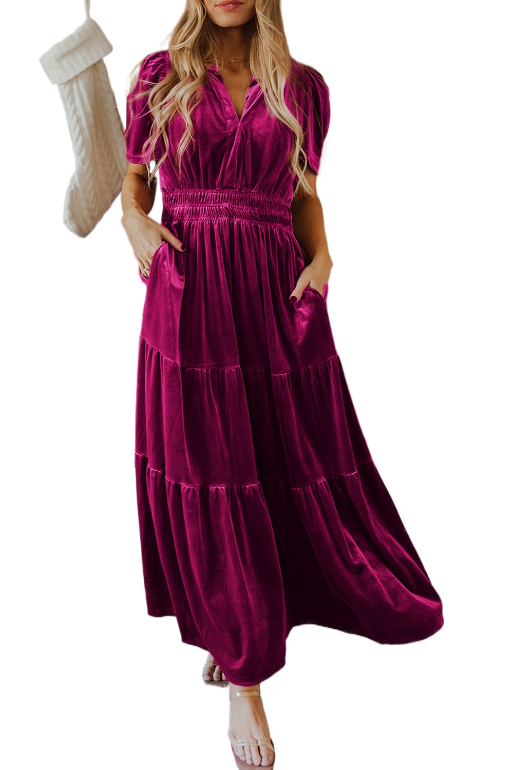 Women's Red Dahlia Velvet Tiered Maxi Dress with Short Sleeves - Main View Women's Red Dahlia Velvet Tiered Maxi Dress with Short Sleeves - Main View