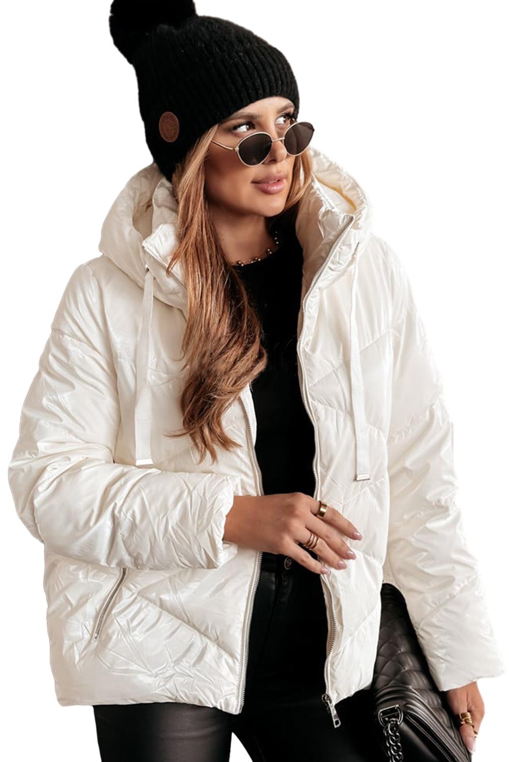 Women's White Solid Quilted Hooded Zip Up Puffer Jacket for Winter - Main View Women's White Solid Quilted Hooded Zip Up Puffer Jacket for Winter - Main View