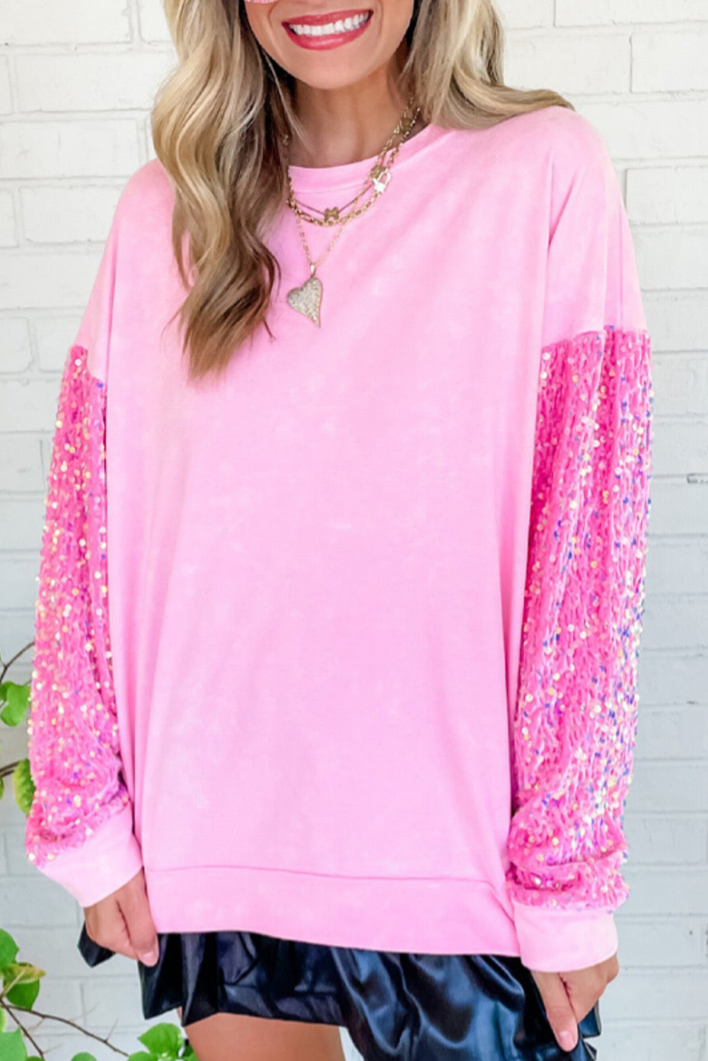 Elegant Pink Sequin Patchwork Top, Long Sleeve Fall Pullover - Detail View 2 Elegant Pink Sequin Patchwork Top, Long Sleeve Fall Pullover - Detail View 2