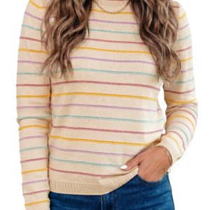 Casual Striped Knit Sweater, Cozy Crew Neck for Women - Main View