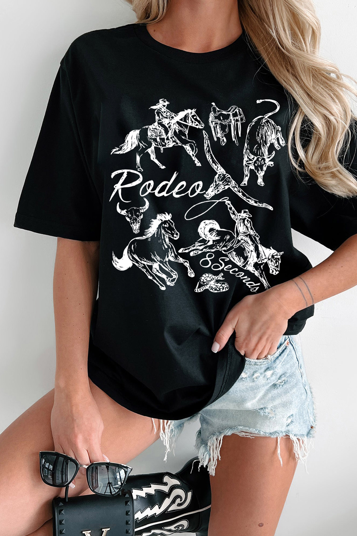 Women's Black Rodeo Tee, Soft Stretch Round Neck Shirt - Detail View 3 Women's Black Rodeo Tee, Soft Stretch Round Neck Shirt - Detail View 3