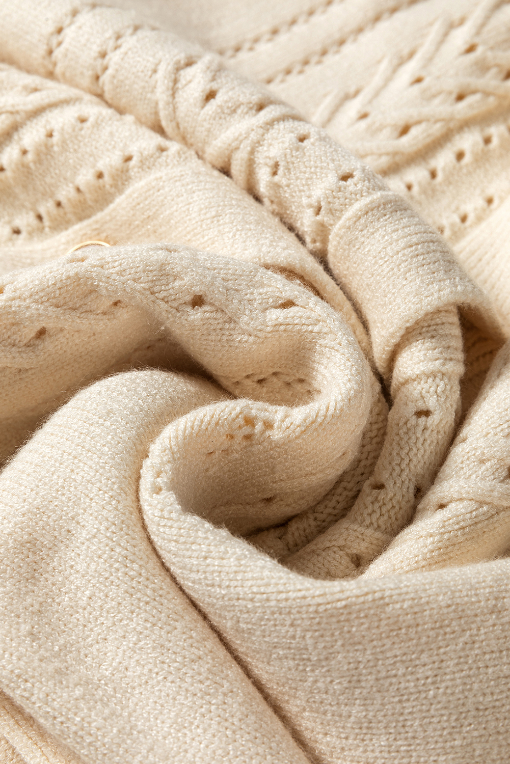 Women's Cardigan, Apricot Color, Pleated Sleeve, Hollow Detail, Button Front, Elegant, Long Sleeve, Solid Color, Daily Wear, Transition Seasons, Cozy Knit, Stylish Layering, Sweaters & Cardigans - Detail View 12 Women's Cardigan, Apricot Color, Pleated Sleeve, Hollow Detail, Button Front, Elegant, Long Sleeve, Solid Color, Daily Wear, Transition Seasons, Cozy Knit, Stylish Layering, Sweaters & Cardigans - Detail View 12