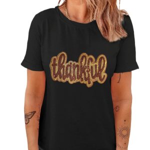 Women's Black Sequined Thankful Graphic Round Neck Tee - Main View