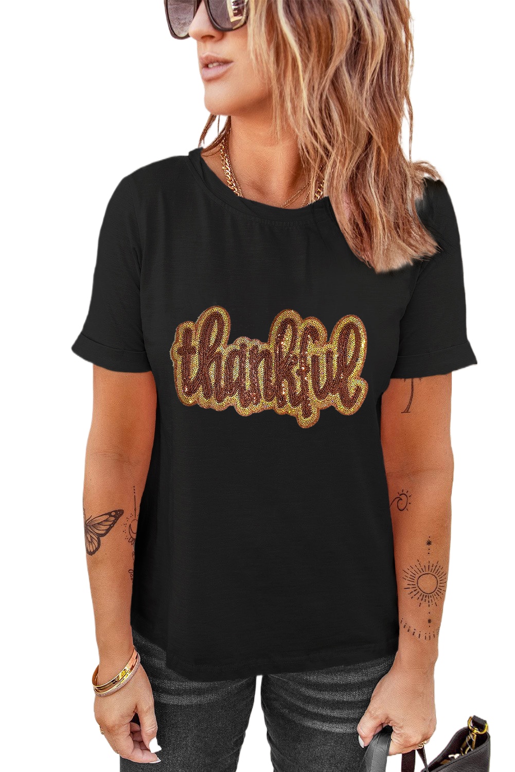 Women's Black Sequined Thankful Graphic Round Neck Tee - Main View Women's Black Sequined Thankful Graphic Round Neck Tee - Main View
