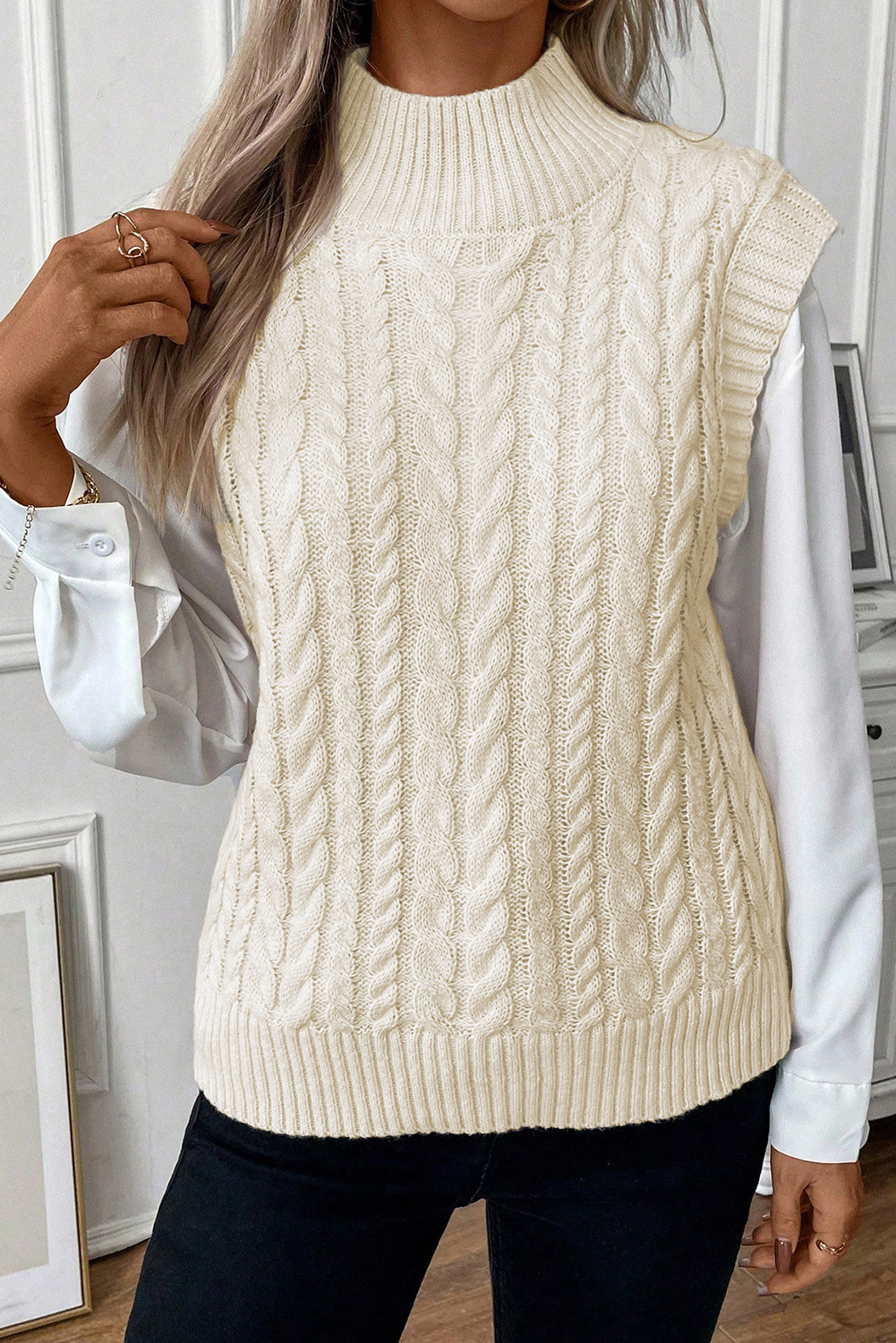 Oatmeal Sleeveless Sweater Vest, Casual High Neck Knit Top - Detail View 8 Oatmeal Sleeveless Sweater Vest, Casual High Neck Knit Top - Detail View 8