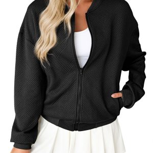 Women's Black Solid Textured Stand Neck Zipper Bomber Jacket - Main View