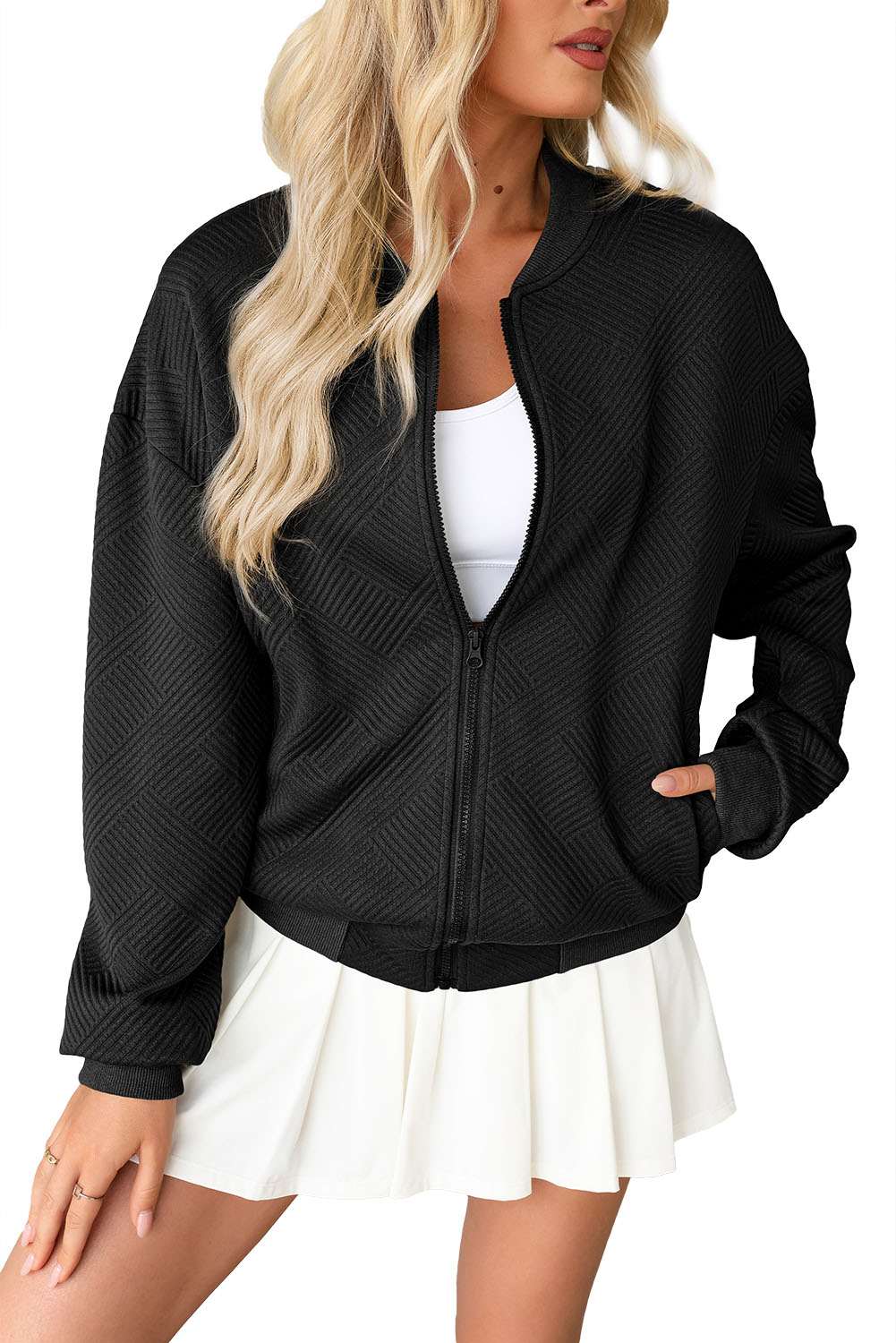 Women's Black Solid Textured Stand Neck Zipper Bomber Jacket - Main View Women's Black Solid Textured Stand Neck Zipper Bomber Jacket - Main View