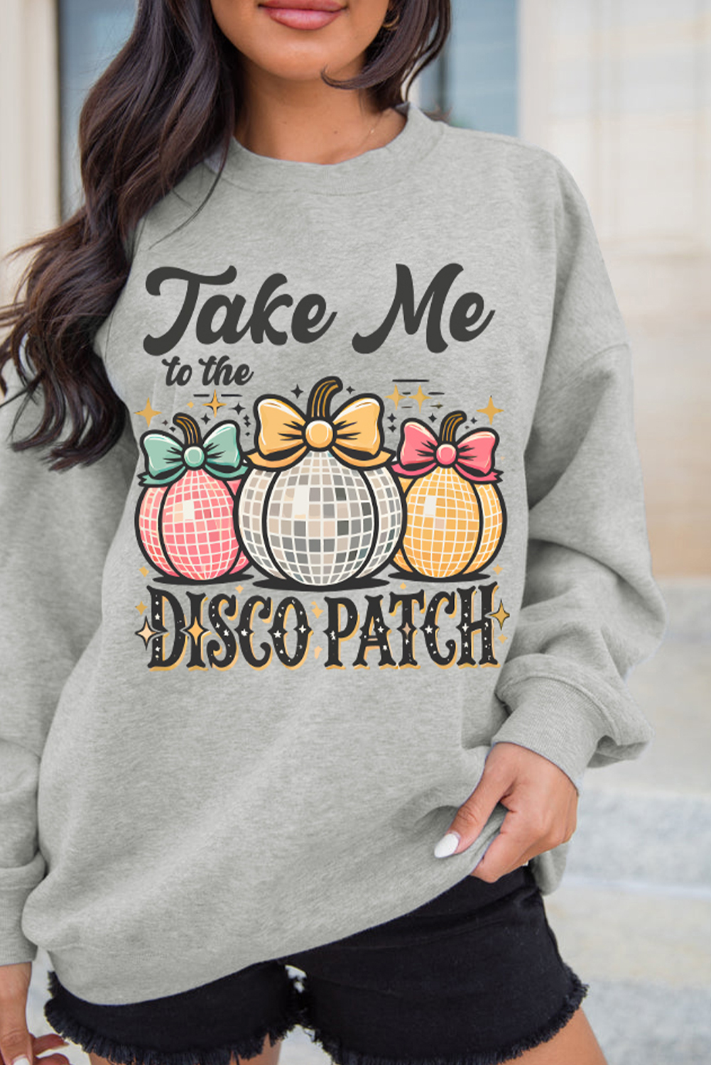 Crewneck Long Sleeve Sweatshirt with Fun Pumpkin Graphics - Perfect for Autumn - Detail View 3 Crewneck Long Sleeve Sweatshirt with Fun Pumpkin Graphics - Perfect for Autumn - Detail View 3