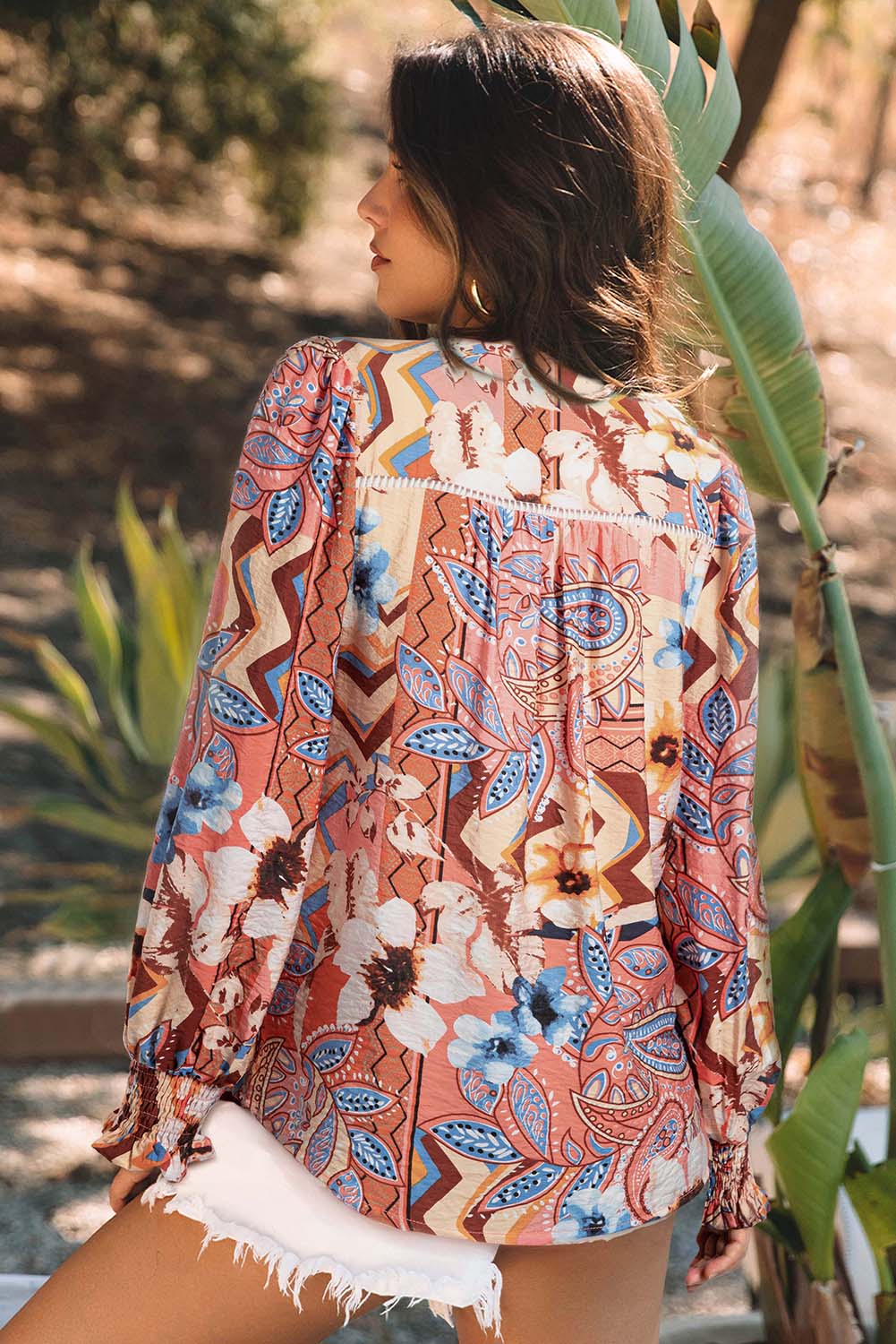 Trendy Long Sleeve Floral Shirt with Shirred Cuffs - Perfect for Spring - Detail View 2 Trendy Long Sleeve Floral Shirt with Shirred Cuffs - Perfect for Spring - Detail View 2