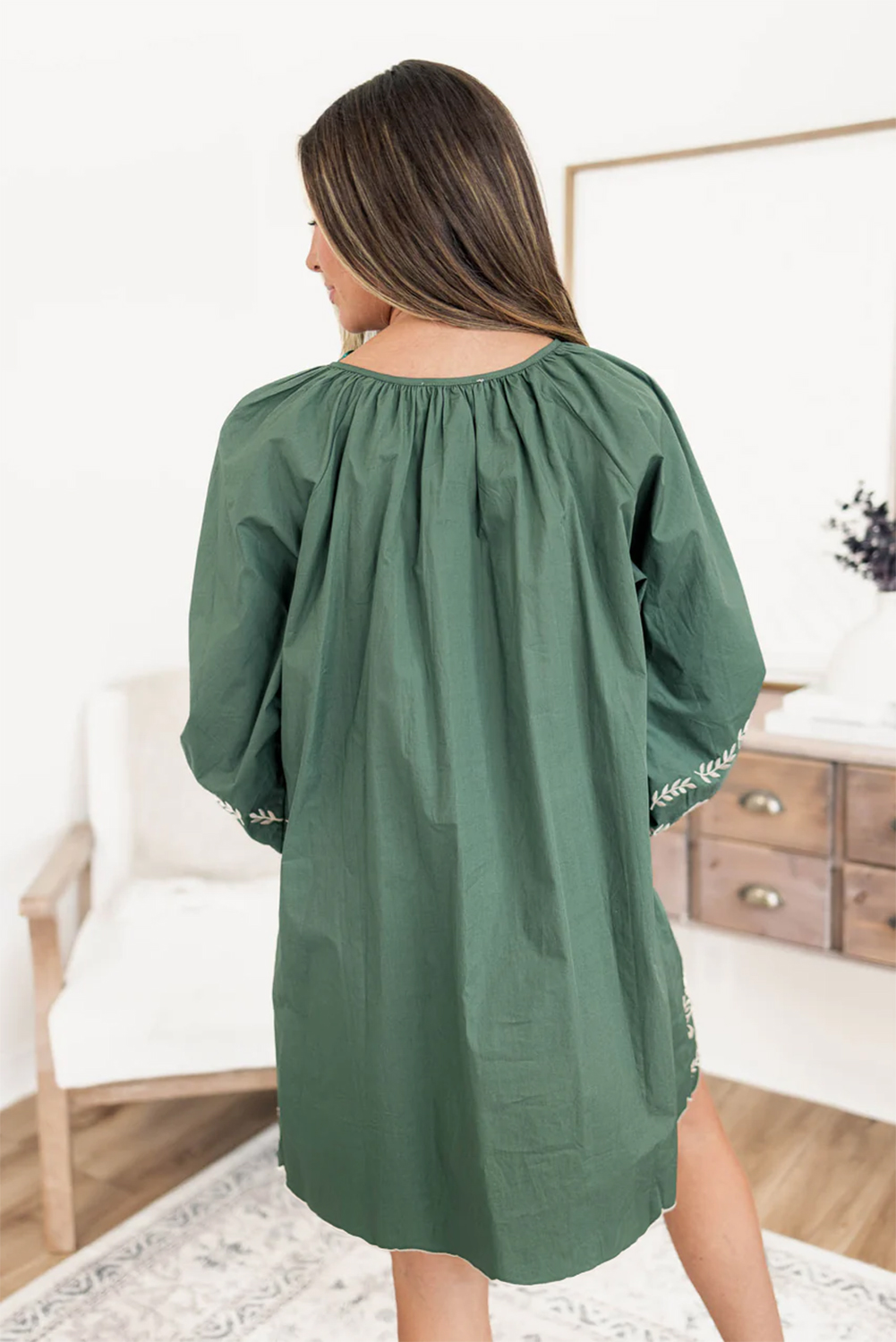Chic Mist Green Mini Dress - Floral Pattern, Puff Sleeves, and Tie Neck Detail - Detail View 2 Chic Mist Green Mini Dress - Floral Pattern, Puff Sleeves, and Tie Neck Detail - Detail View 2
