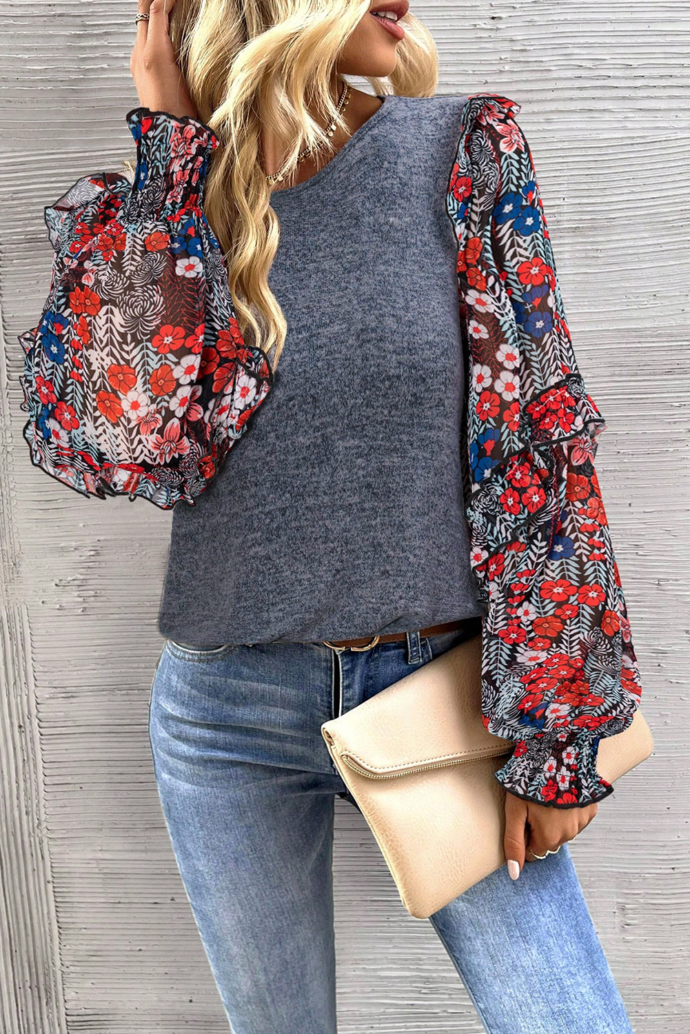 Elegant Floral Blouse with Ruffle Sleeves - Blue Colorblock Pattern - Detail View 2 Elegant Floral Blouse with Ruffle Sleeves - Blue Colorblock Pattern - Detail View 2