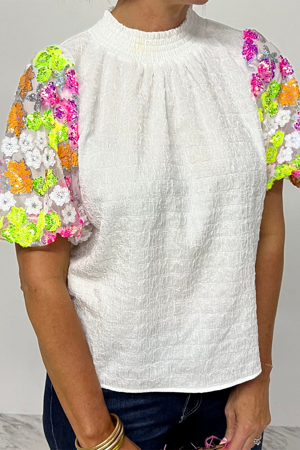 Women's White Sequin Flower Puff Sleeve Textured Top - Detail View 6 Women's White Sequin Flower Puff Sleeve Textured Top - Detail View 6