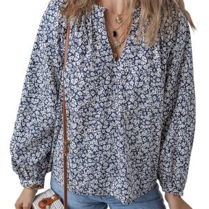 Women's Elegant Blue Floral Print Notched V Neck Puff Sleeve Blouse - Main View